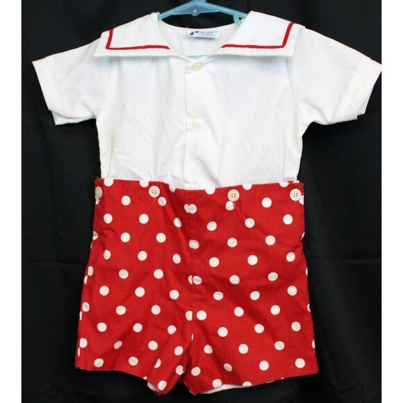 Mondays Child Outfit sz 2T Sailor Shirt Red Polka Dot Shorts Summer Ocean Unisex - Picture 1 of 6